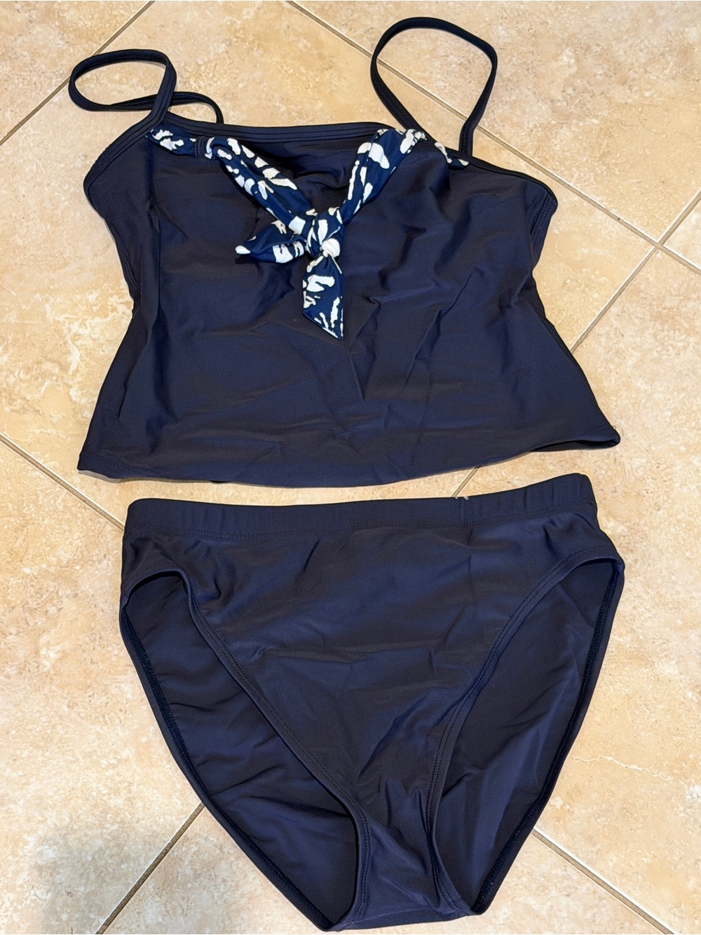 Anne Cole Navy Blue Tankini with Printed Neck Tie